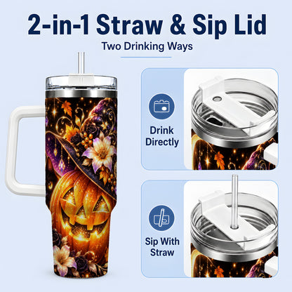 #pl[40oz|White] Halloween Cat 40oz Tumbler with Pumpkin, Witch Hat and Moon Artwork