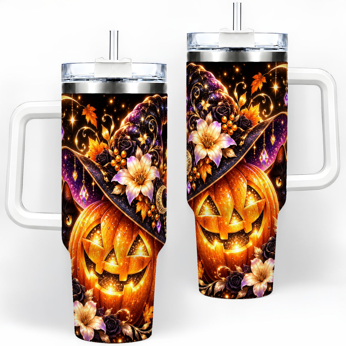 Halloween Cat 40oz Tumbler with Pumpkin, Witch Hat and Moon Artwork