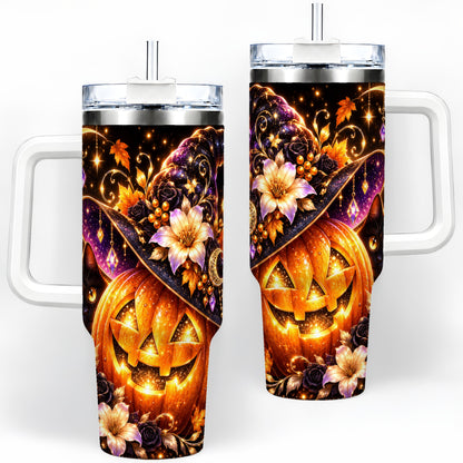 Halloween Cat 40oz Tumbler with Pumpkin, Witch Hat and Moon Artwork
