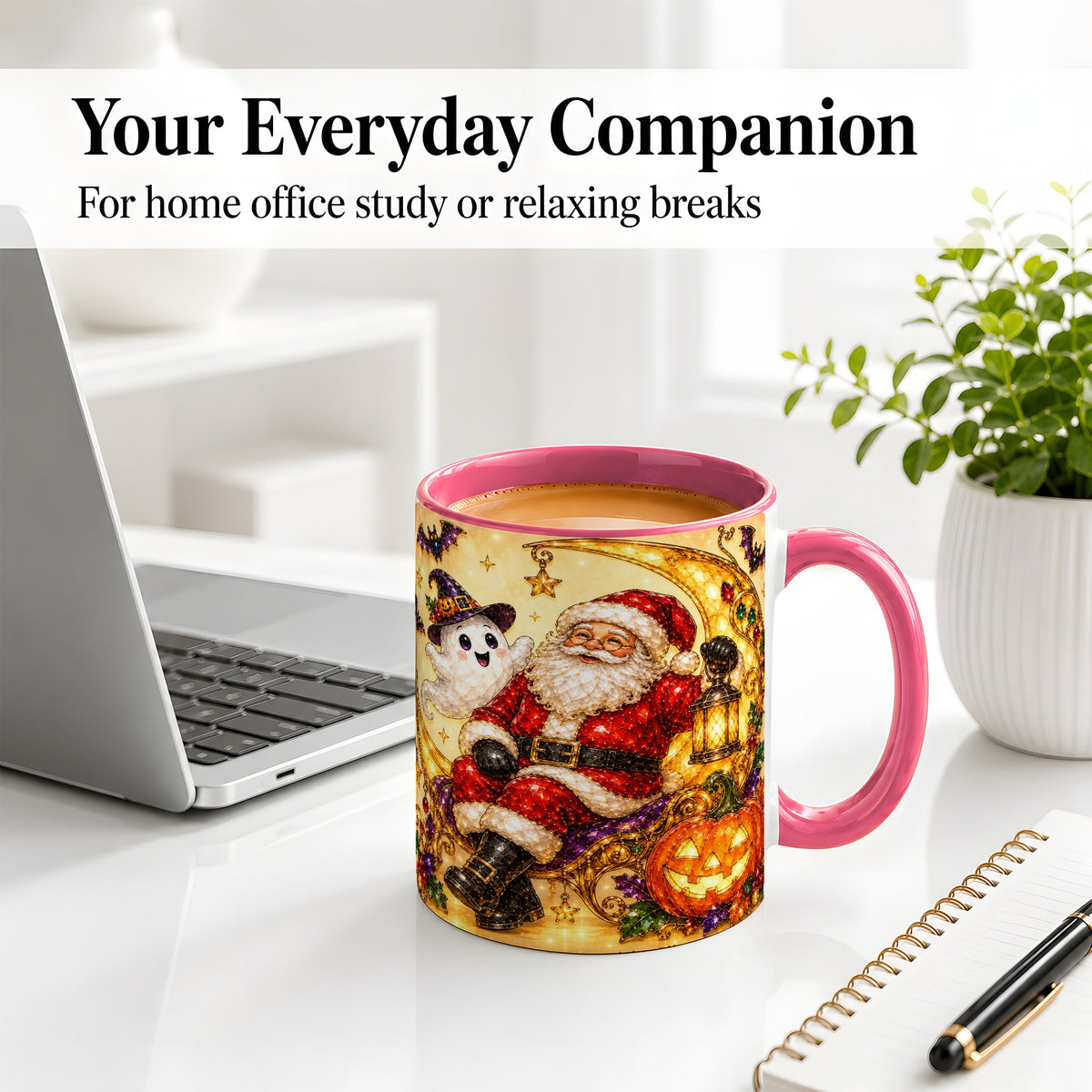 #pl[11oz|Pink] Halloween Santa Ceramic Mug with Ghost, Pumpkin and Bat Artwork