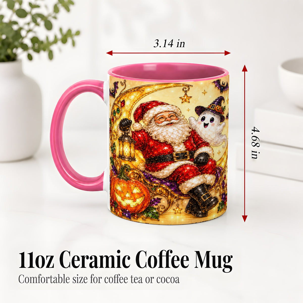 #pl[11oz|Pink] Halloween Santa Ceramic Mug with Ghost, Pumpkin and Bat Artwork