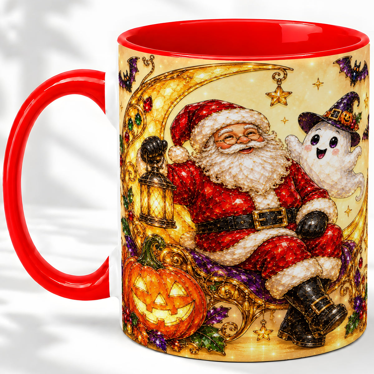 Halloween Santa Ceramic Mug with Ghost, Pumpkin and Bat Artwork