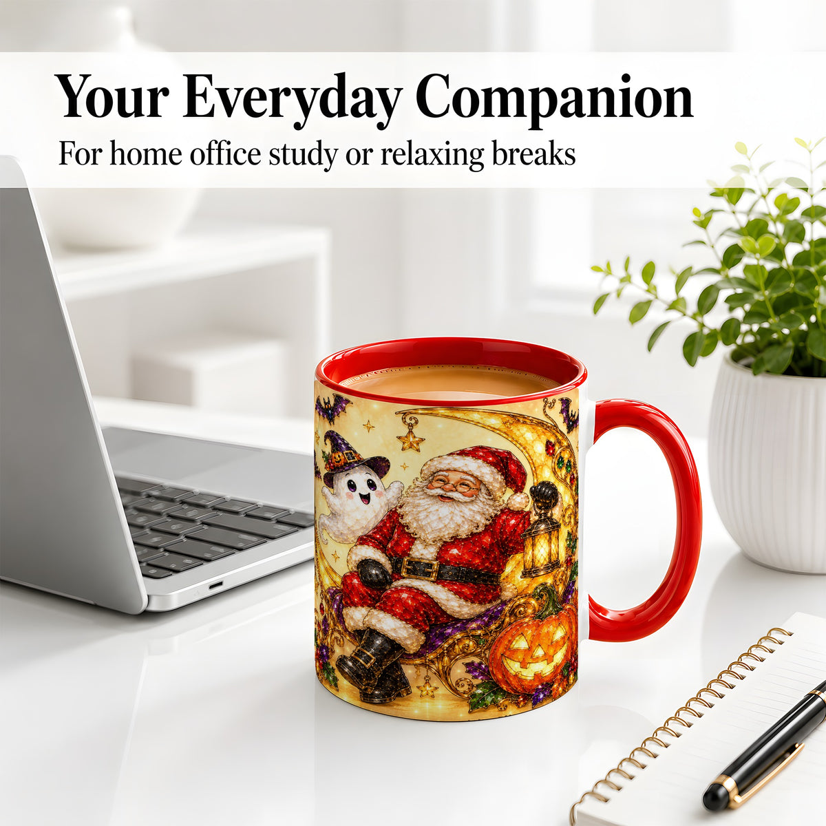 #pl[11oz|Red] Halloween Santa Ceramic Mug with Ghost, Pumpkin and Bat Artwork
