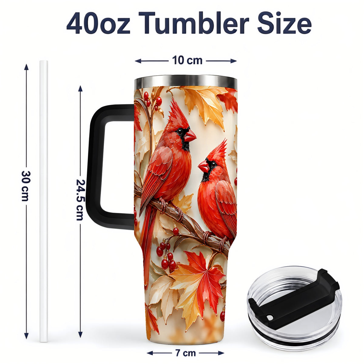#pl[40oz|Black] Autumn Cardinal 40oz Tumbler with Maple Leaves and Red Berry Artwork