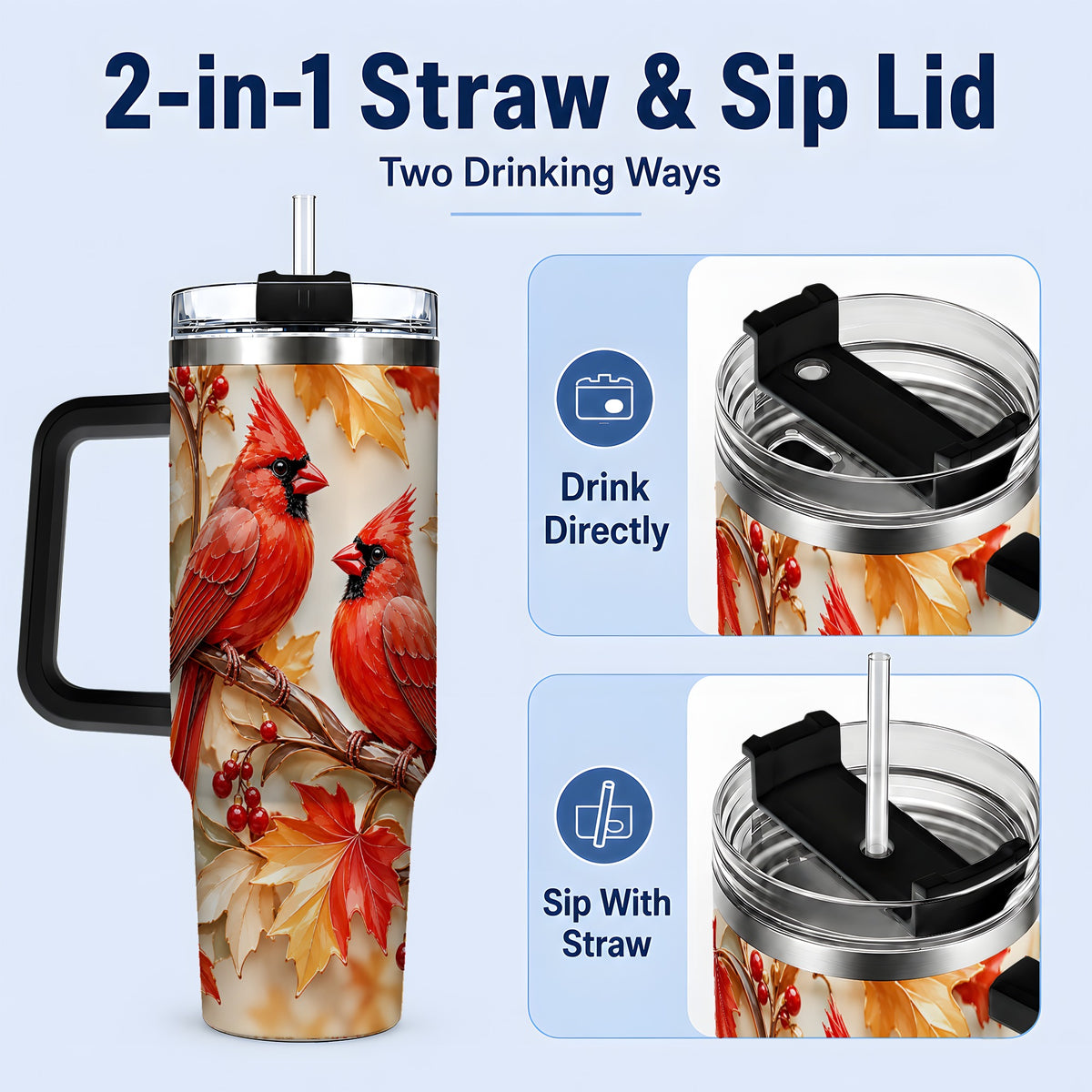 #pl[40oz|Black] Autumn Cardinal 40oz Tumbler with Maple Leaves and Red Berry Artwork