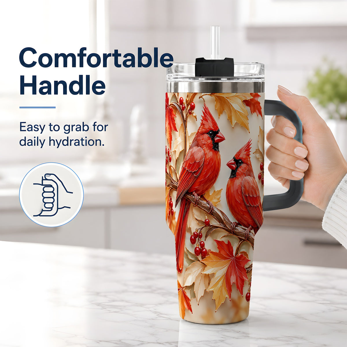 #pl[40oz|Black] Autumn Cardinal 40oz Tumbler with Maple Leaves and Red Berry Artwork