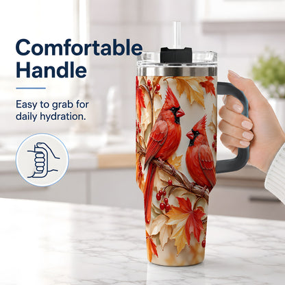 #pl[40oz|Black] Autumn Cardinal 40oz Tumbler with Maple Leaves and Red Berry Artwork