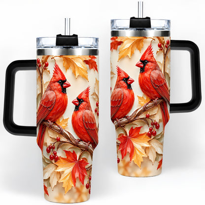 #pl[40oz|Black] Autumn Cardinal 40oz Tumbler with Maple Leaves and Red Berry Artwork