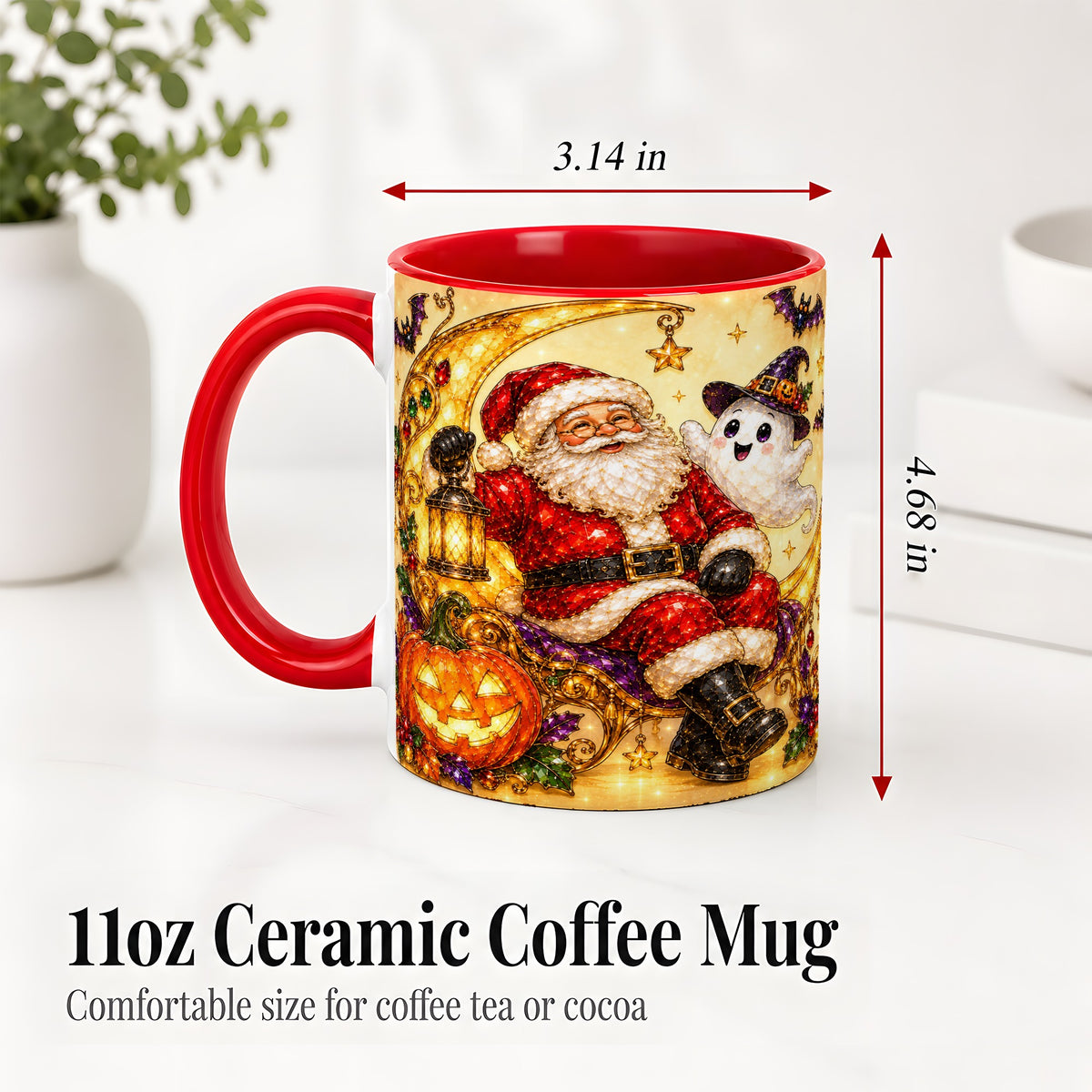 #pl[11oz|Red] Halloween Santa Ceramic Mug with Ghost, Pumpkin and Bat Artwork