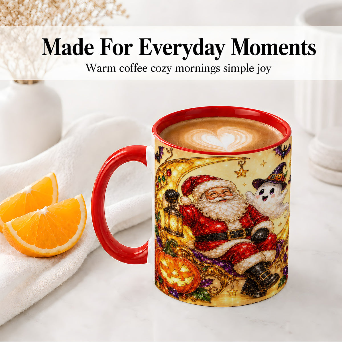 #pl[11oz|Red] Halloween Santa Ceramic Mug with Ghost, Pumpkin and Bat Artwork