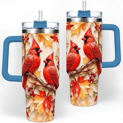 #pl[40oz|Blue] Autumn Cardinal 40oz Tumbler with Maple Leaves and Red Berry Artwork