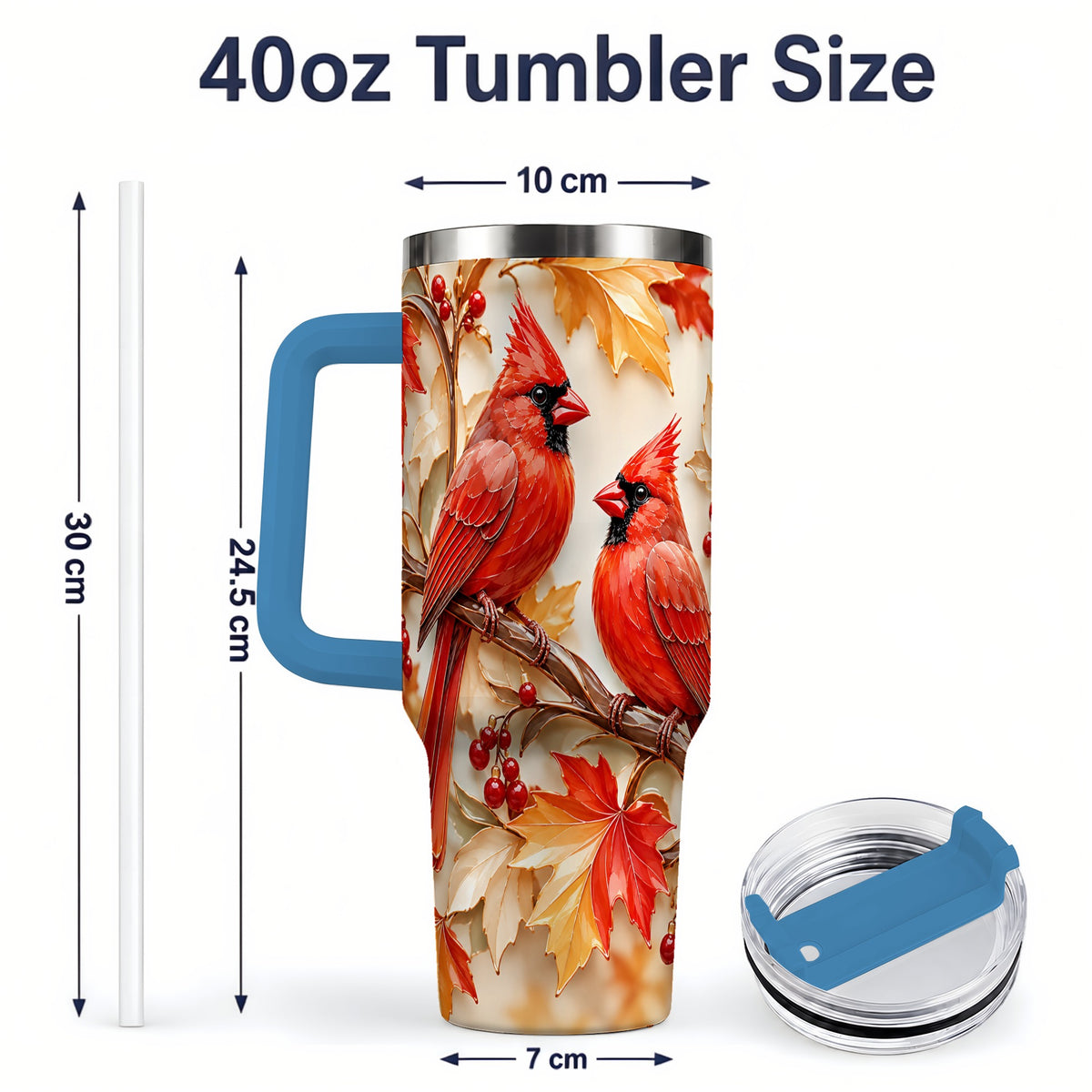 #pl[40oz|Blue] Autumn Cardinal 40oz Tumbler with Maple Leaves and Red Berry Artwork
