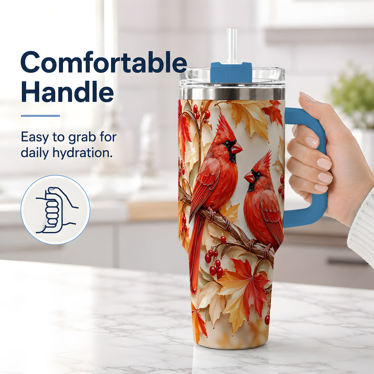 #pl[40oz|Blue] Autumn Cardinal 40oz Tumbler with Maple Leaves and Red Berry Artwork