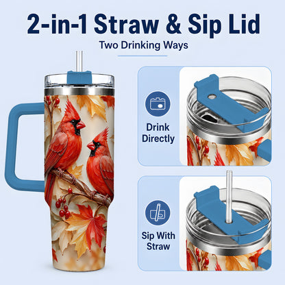 #pl[40oz|Blue] Autumn Cardinal 40oz Tumbler with Maple Leaves and Red Berry Artwork