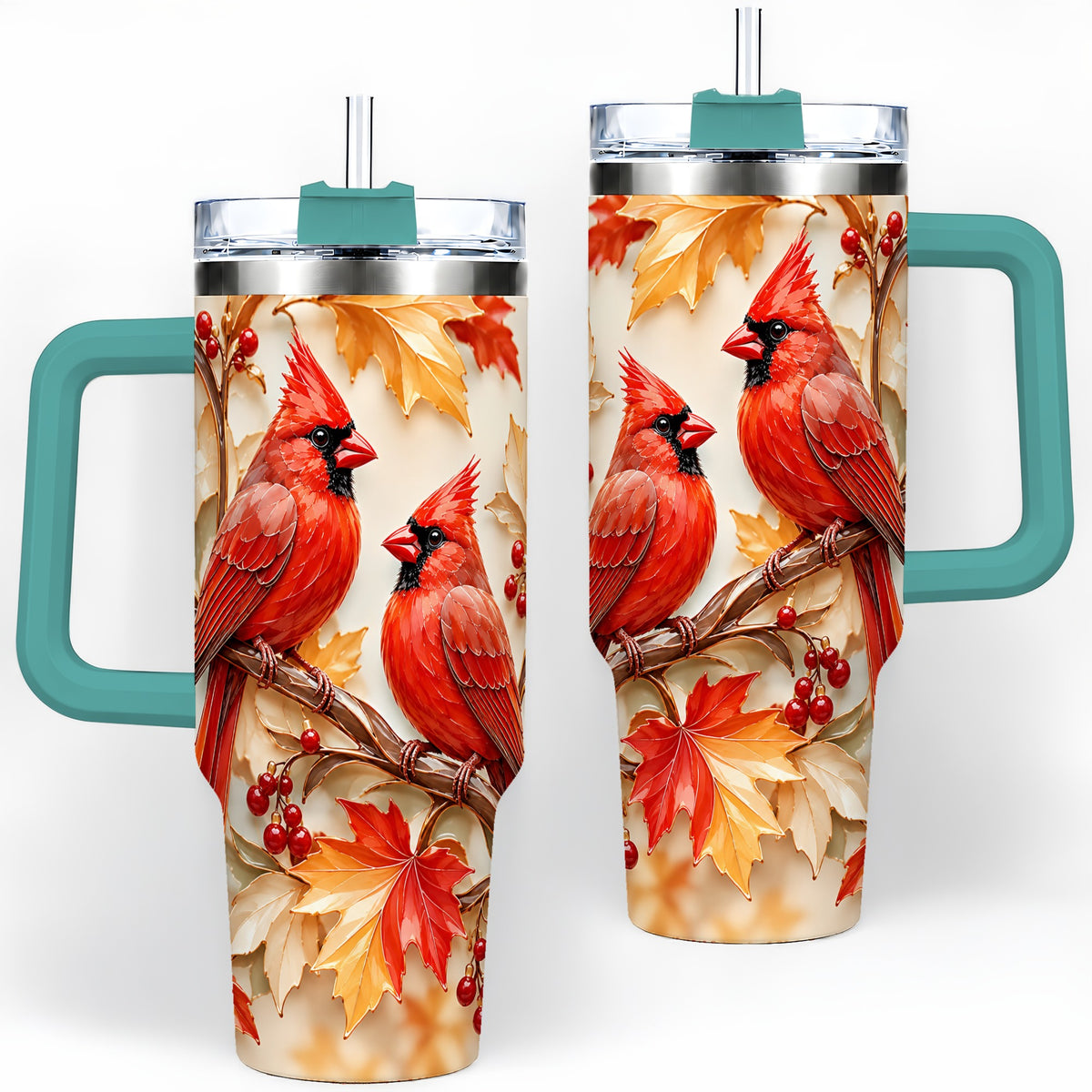#pl[40oz|Green] Autumn Cardinal 40oz Tumbler with Maple Leaves and Red Berry Artwork