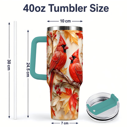 #pl[40oz|Green] Autumn Cardinal 40oz Tumbler with Maple Leaves and Red Berry Artwork