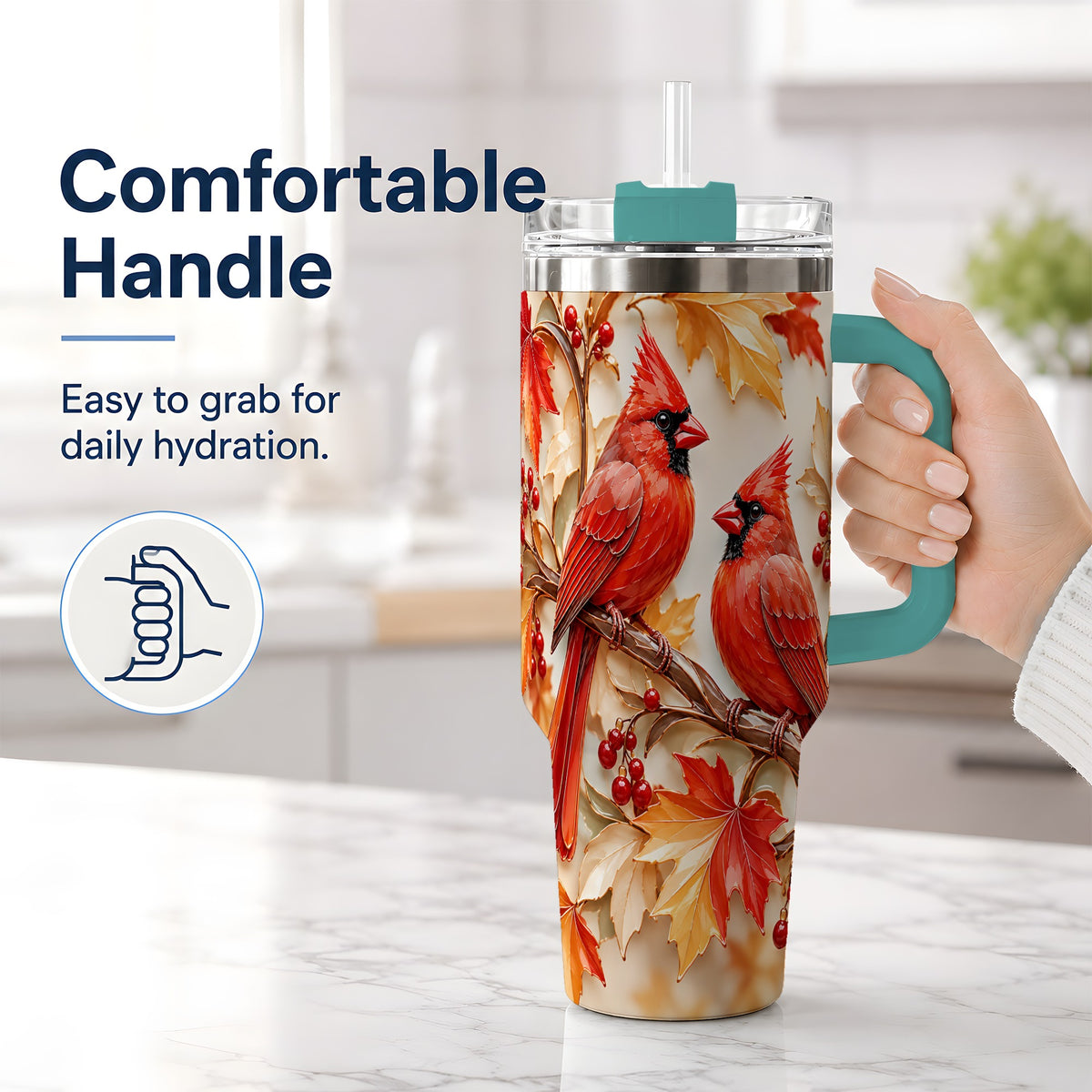#pl[40oz|Green] Autumn Cardinal 40oz Tumbler with Maple Leaves and Red Berry Artwork