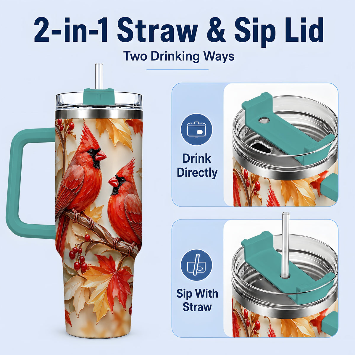 #pl[40oz|Green] Autumn Cardinal 40oz Tumbler with Maple Leaves and Red Berry Artwork