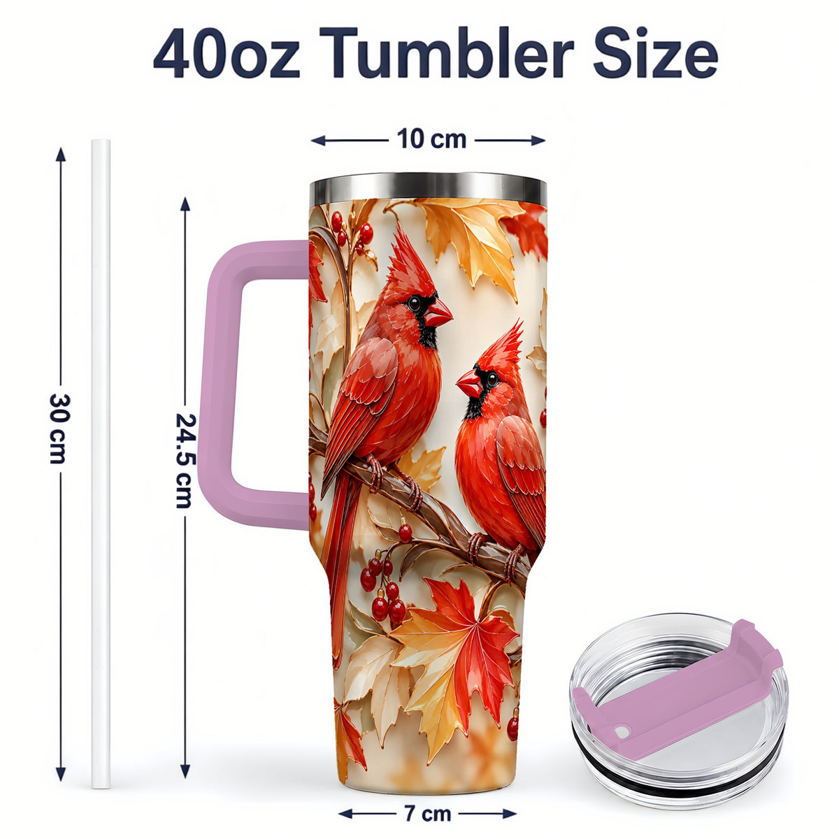 #pl[40oz|Pink] Autumn Cardinal 40oz Tumbler with Maple Leaves and Red Berry Artwork