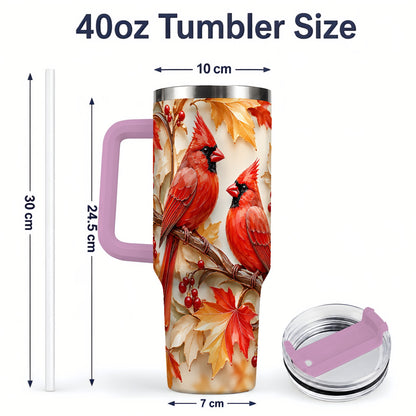 #pl[40oz|Pink] Autumn Cardinal 40oz Tumbler with Maple Leaves and Red Berry Artwork