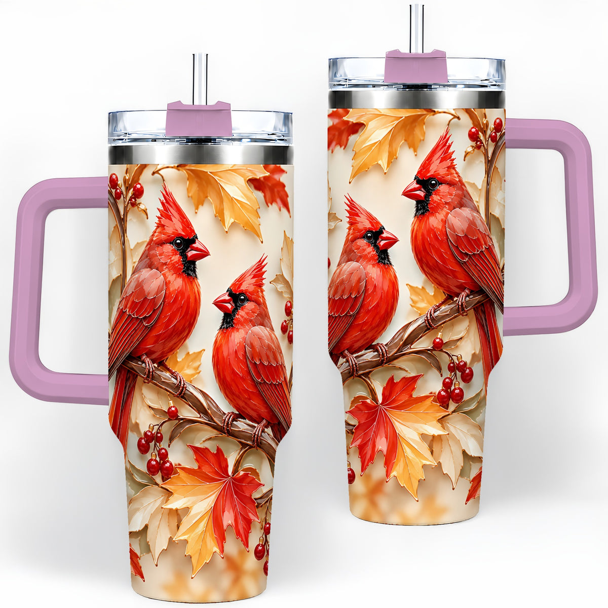 #pl[40oz|Pink] Autumn Cardinal 40oz Tumbler with Maple Leaves and Red Berry Artwork