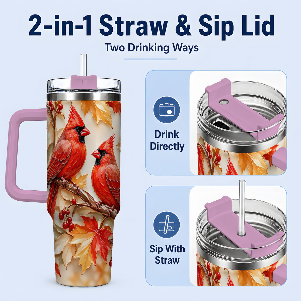 #pl[40oz|Pink] Autumn Cardinal 40oz Tumbler with Maple Leaves and Red Berry Artwork