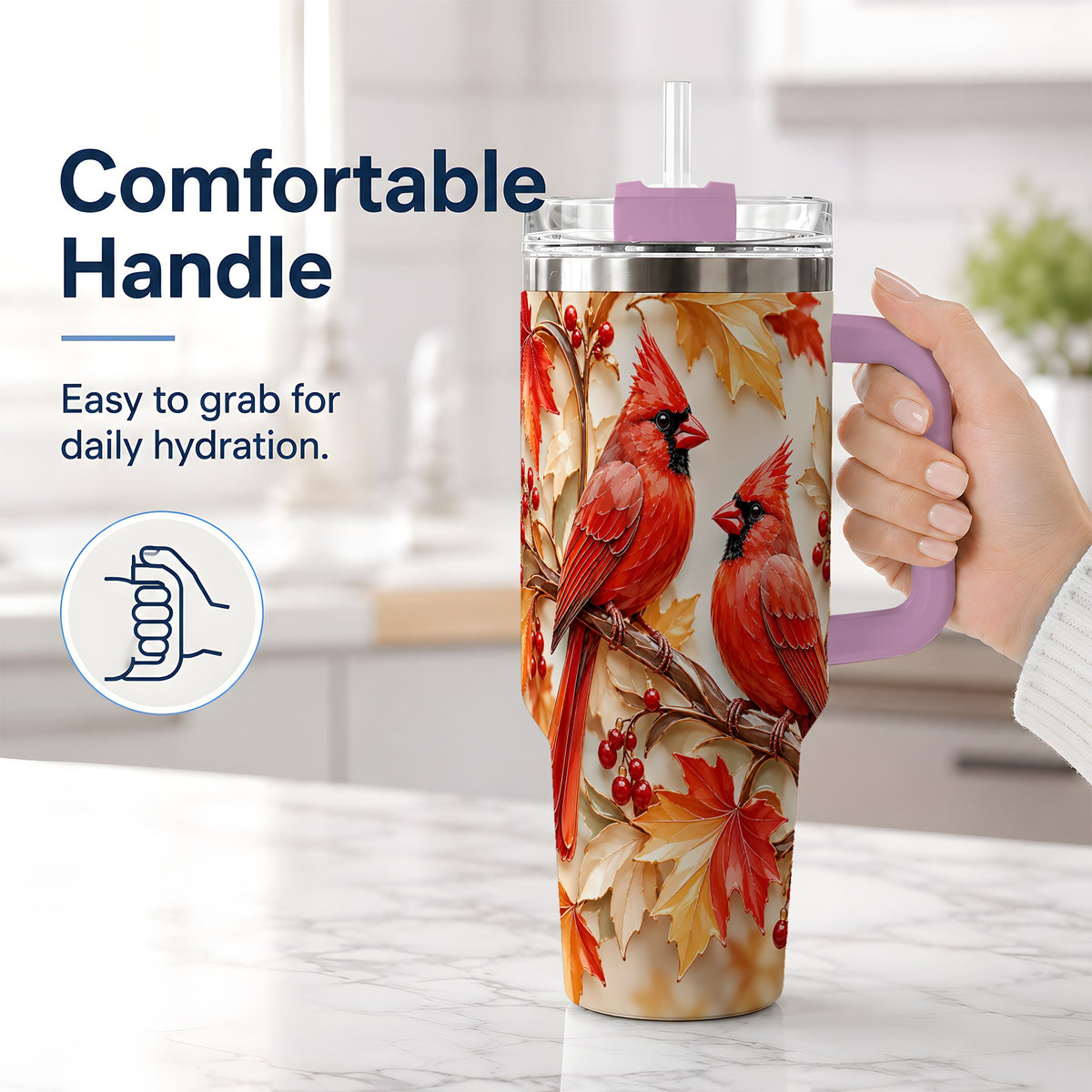 #pl[40oz|Pink] Autumn Cardinal 40oz Tumbler with Maple Leaves and Red Berry Artwork