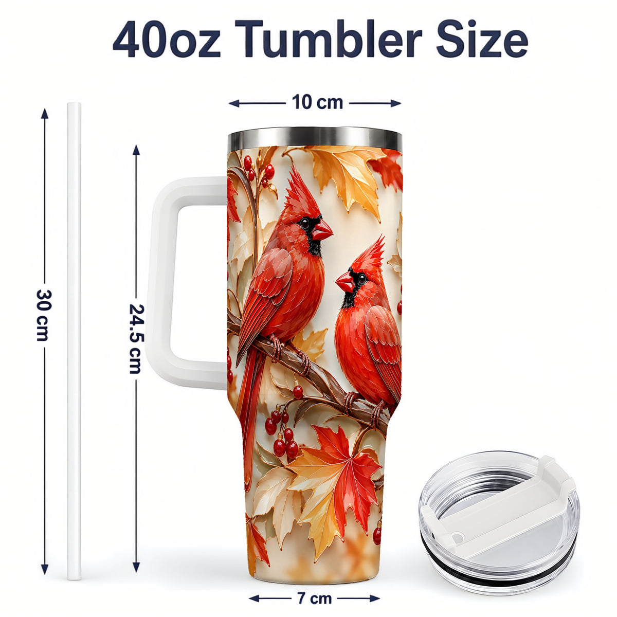#pl[40oz|White] Autumn Cardinal 40oz Tumbler with Maple Leaves and Red Berry Artwork