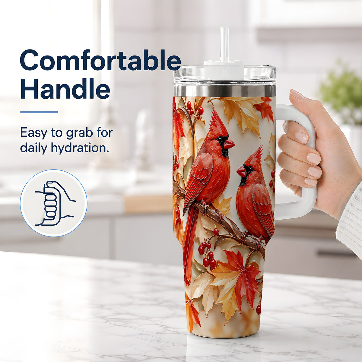 #pl[40oz|White] Autumn Cardinal 40oz Tumbler with Maple Leaves and Red Berry Artwork