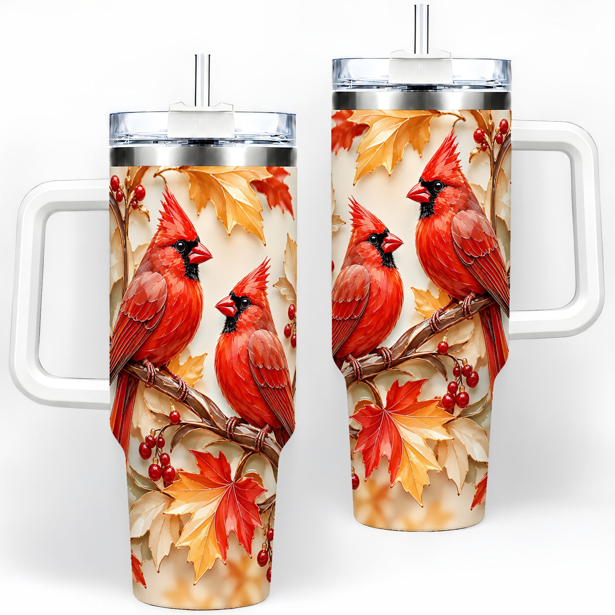Autumn Cardinal 40oz Tumbler with Maple Leaves and Red Berry Artwork