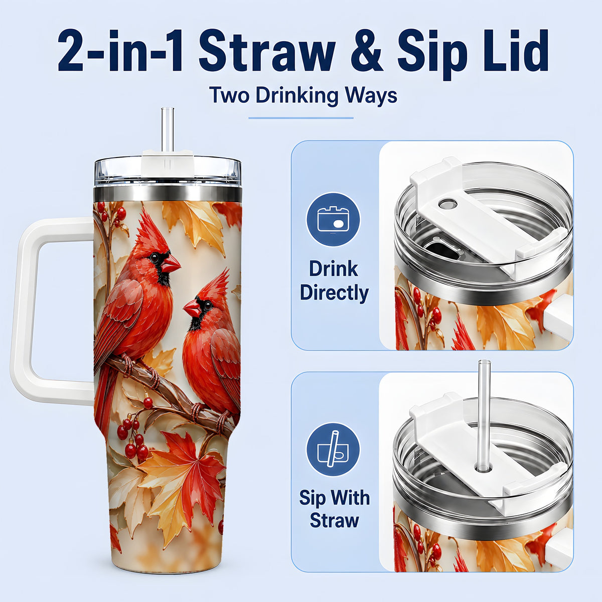 #pl[40oz|White] Autumn Cardinal 40oz Tumbler with Maple Leaves and Red Berry Artwork