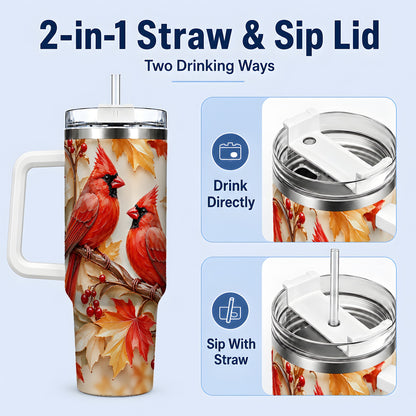 #pl[40oz|White] Autumn Cardinal 40oz Tumbler with Maple Leaves and Red Berry Artwork