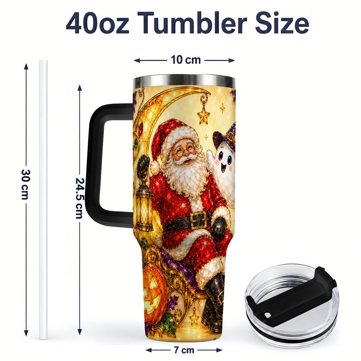 #pl[40oz|Black] Halloween Santa 40oz Tumbler with Ghost, Pumpkin, Bats and Moon Artwork