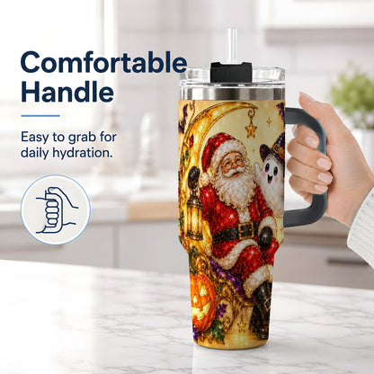 #pl[40oz|Black] Halloween Santa 40oz Tumbler with Ghost, Pumpkin, Bats and Moon Artwork