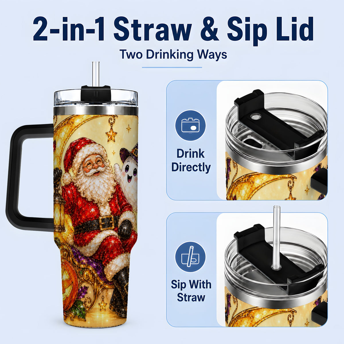 #pl[40oz|Black] Halloween Santa 40oz Tumbler with Ghost, Pumpkin, Bats and Moon Artwork