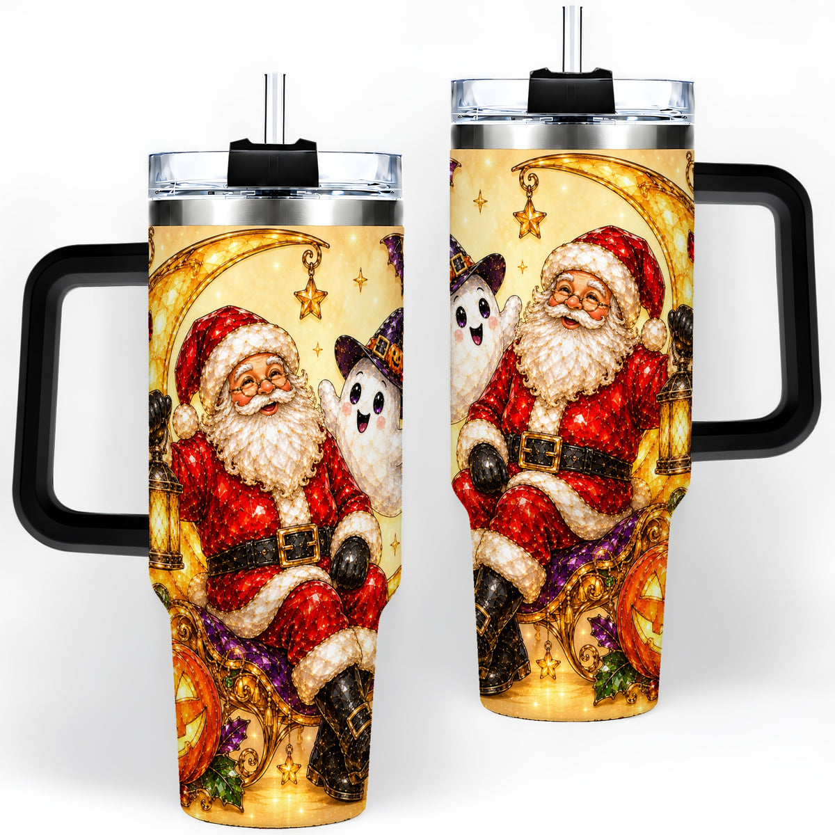 #pl[40oz|Black] Halloween Santa 40oz Tumbler with Ghost, Pumpkin, Bats and Moon Artwork