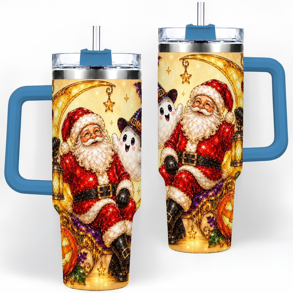 #pl[40oz|Blue] Halloween Santa 40oz Tumbler with Ghost, Pumpkin, Bats and Moon Artwork