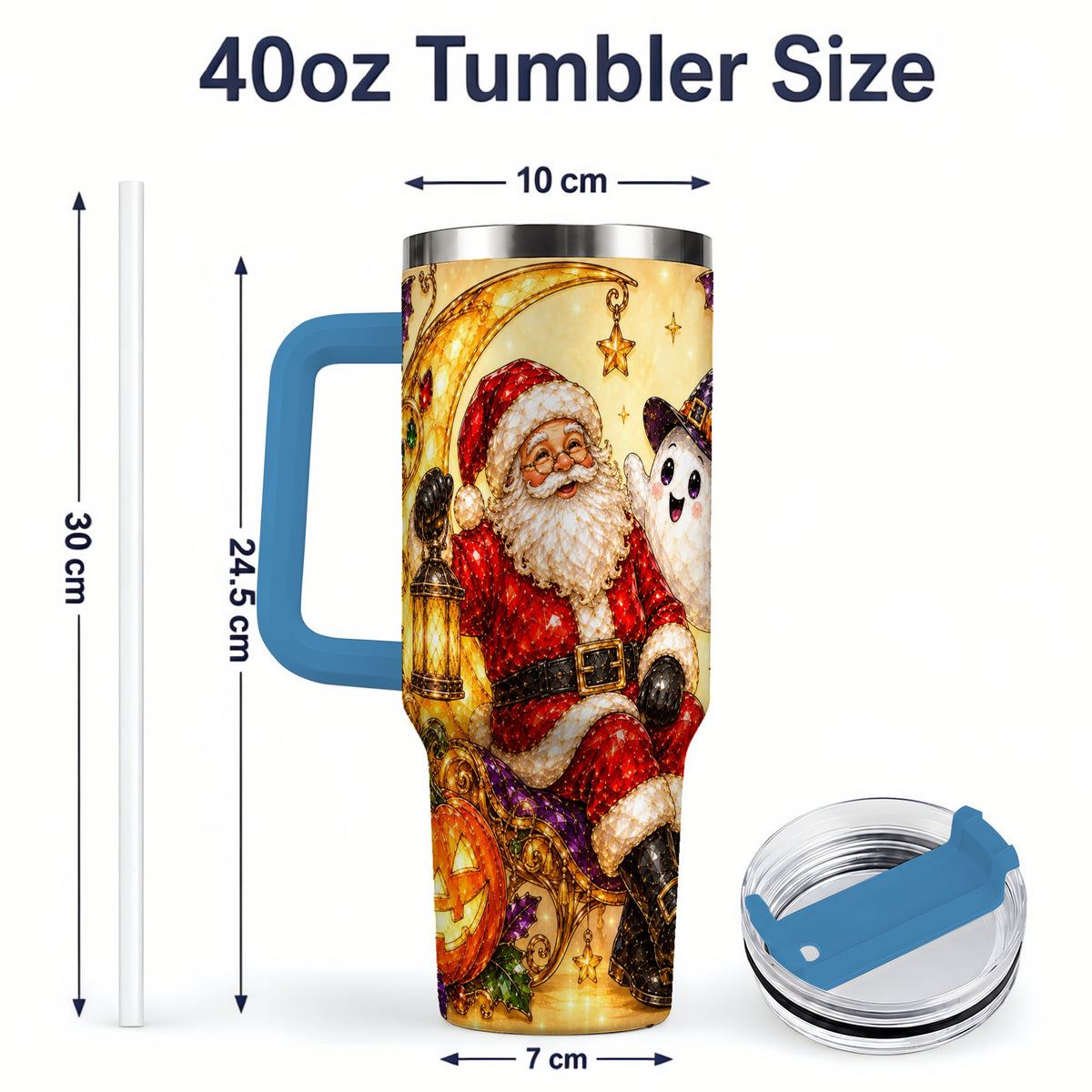 #pl[40oz|Blue] Halloween Santa 40oz Tumbler with Ghost, Pumpkin, Bats and Moon Artwork