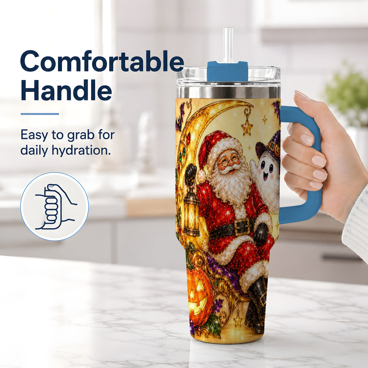 #pl[40oz|Blue] Halloween Santa 40oz Tumbler with Ghost, Pumpkin, Bats and Moon Artwork