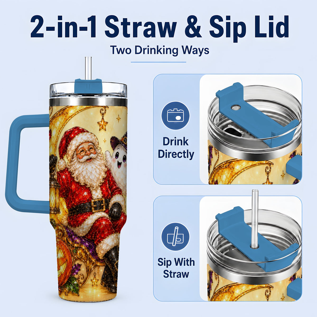 #pl[40oz|Blue] Halloween Santa 40oz Tumbler with Ghost, Pumpkin, Bats and Moon Artwork