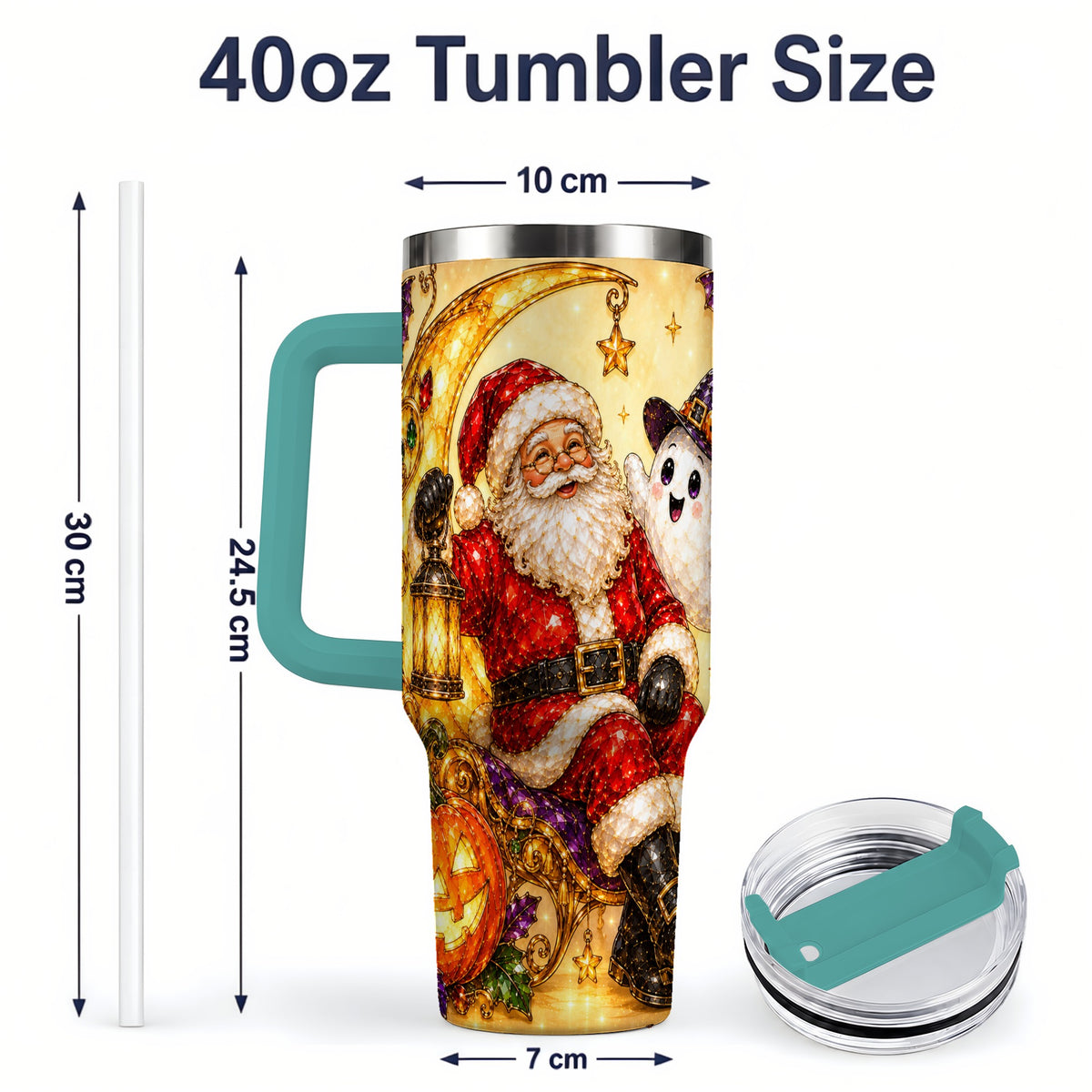 #pl[40oz|Green] Halloween Santa 40oz Tumbler with Ghost, Pumpkin, Bats and Moon Artwork
