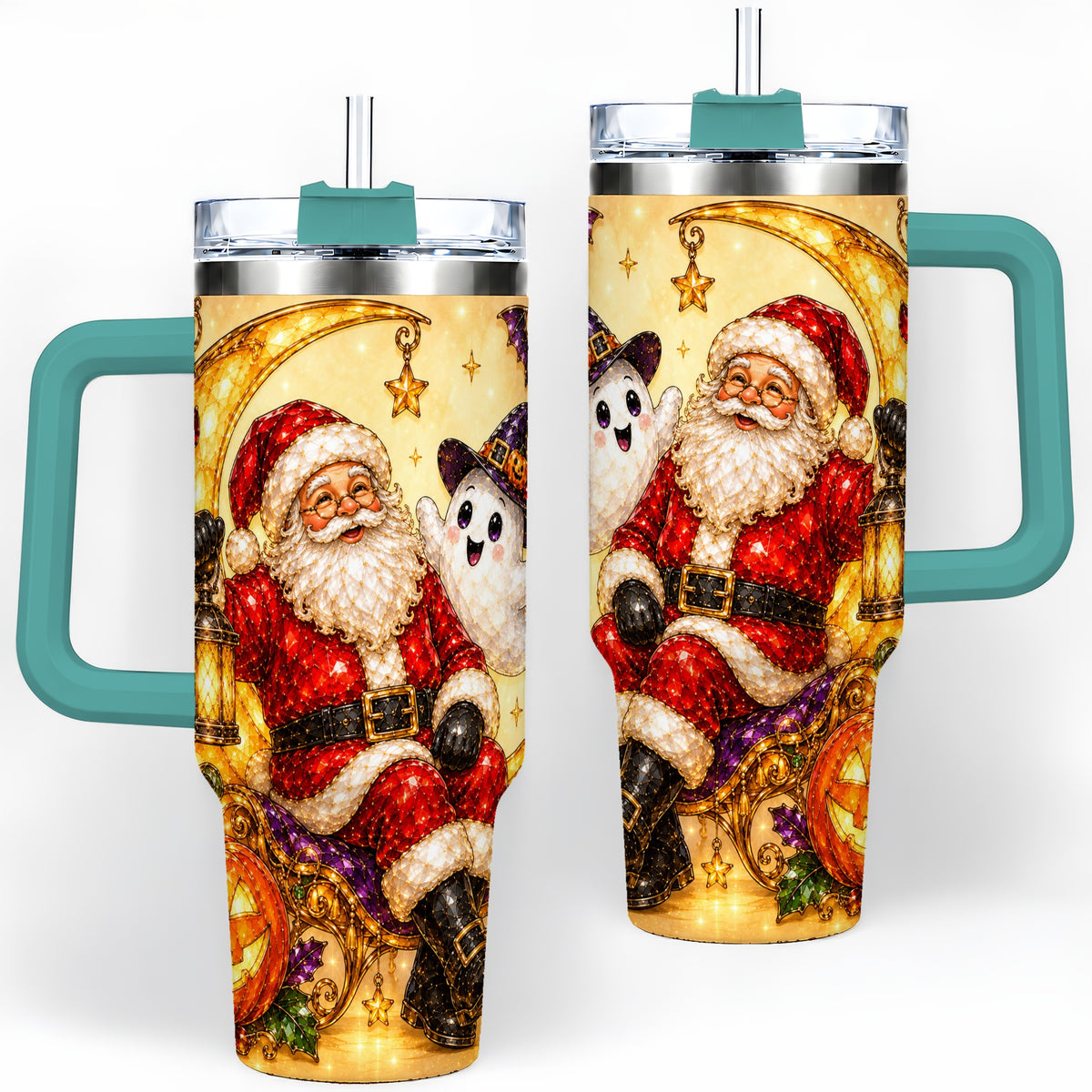 #pl[40oz|Green] Halloween Santa 40oz Tumbler with Ghost, Pumpkin, Bats and Moon Artwork