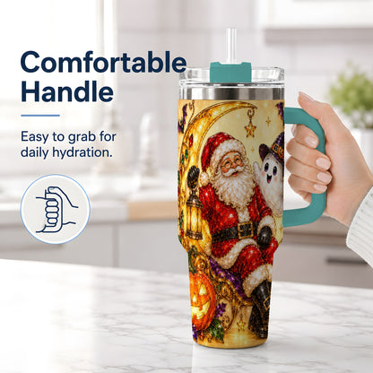 #pl[40oz|Green] Halloween Santa 40oz Tumbler with Ghost, Pumpkin, Bats and Moon Artwork