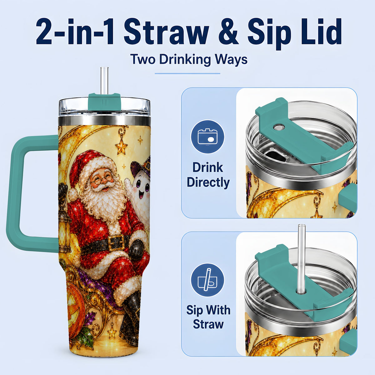#pl[40oz|Green] Halloween Santa 40oz Tumbler with Ghost, Pumpkin, Bats and Moon Artwork