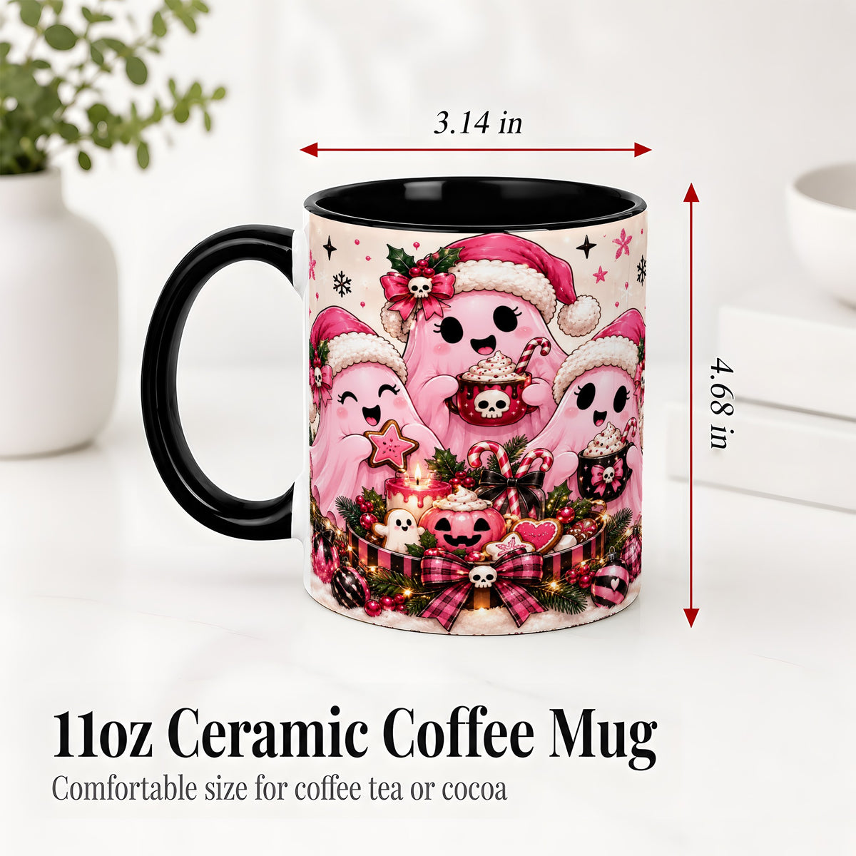 #pl[11oz|Black] Pink Spooky Christmas Ghost Accent Mug, Mug with Holiday Artwork