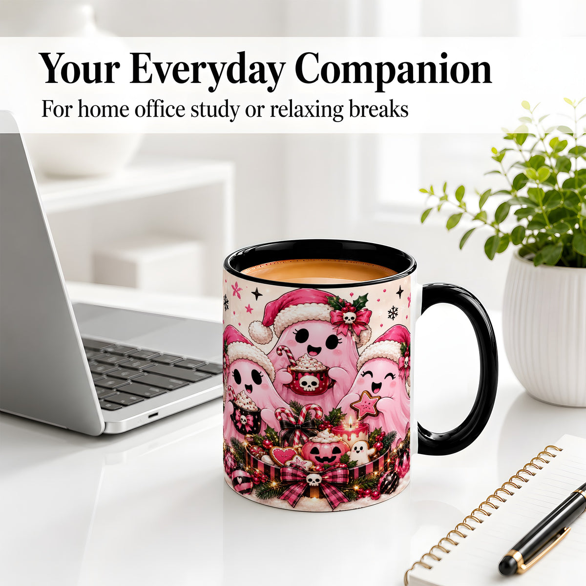 #pl[11oz|Black] Pink Spooky Christmas Ghost Accent Mug, Mug with Holiday Artwork