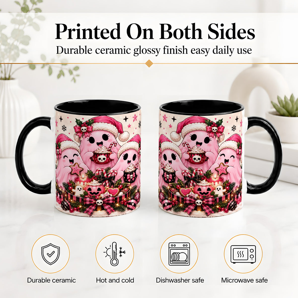 #pl[11oz|Black] Pink Spooky Christmas Ghost Accent Mug, Mug with Holiday Artwork