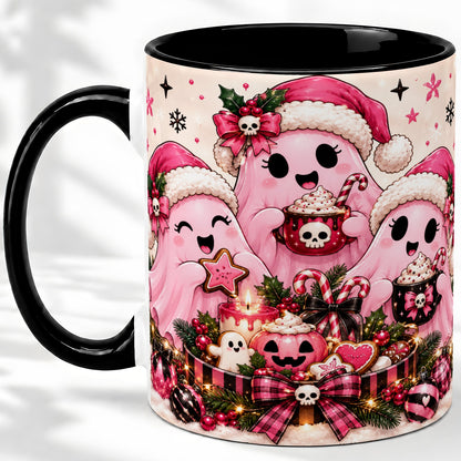 #pl[11oz|Black] Pink Spooky Christmas Ghost Accent Mug, Mug with Holiday Artwork