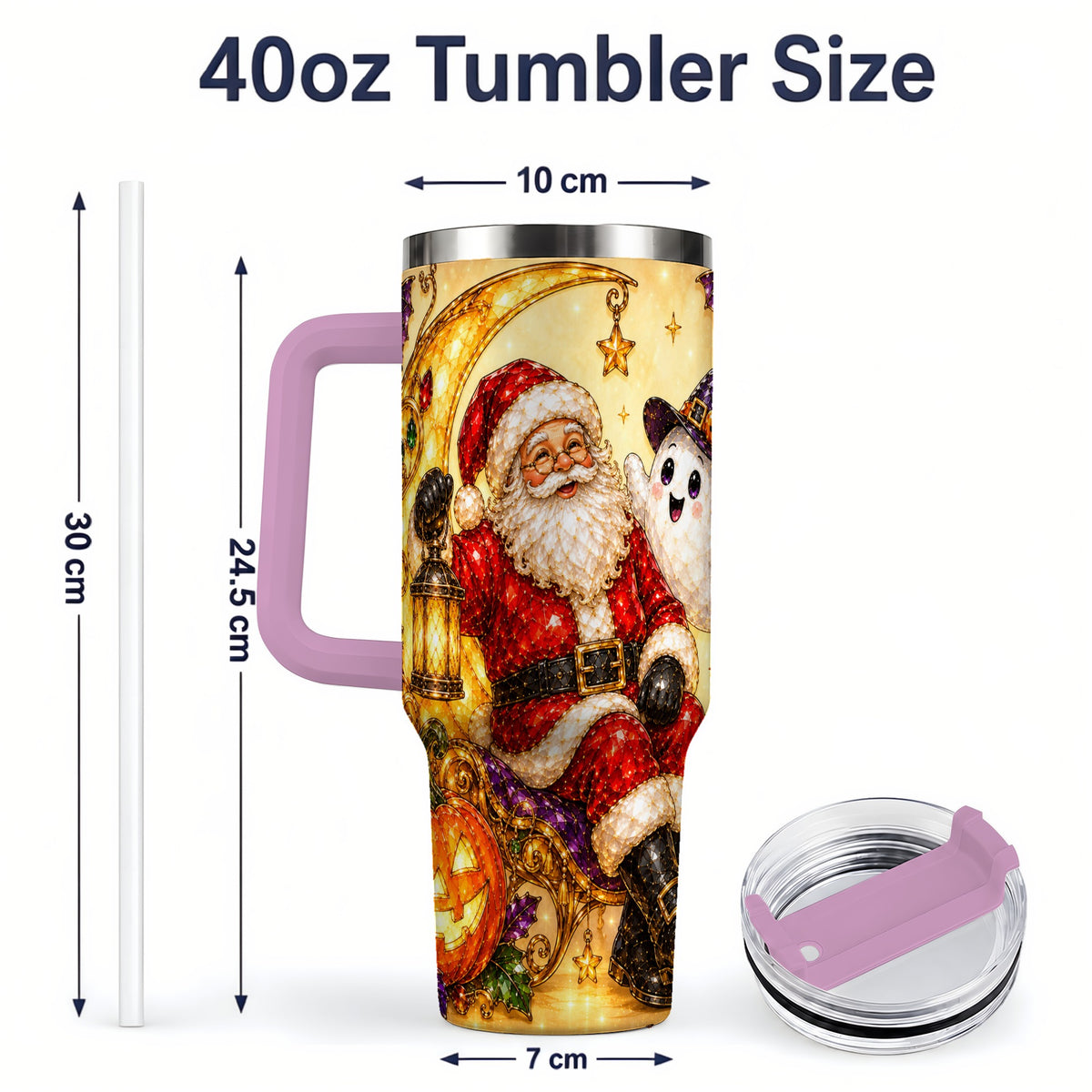 #pl[40oz|Pink] Halloween Santa 40oz Tumbler with Ghost, Pumpkin, Bats and Moon Artwork
