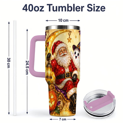 #pl[40oz|Pink] Halloween Santa 40oz Tumbler with Ghost, Pumpkin, Bats and Moon Artwork